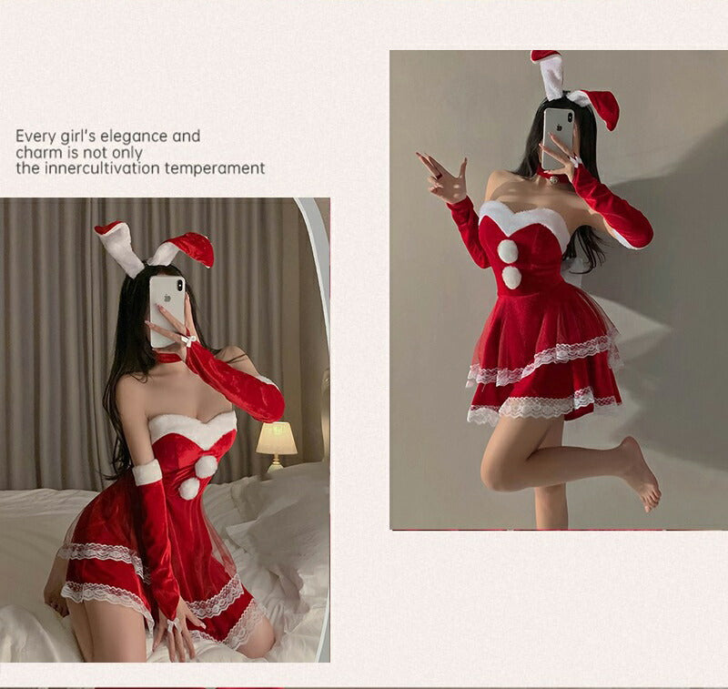 サンタ コスプレ セクシー 兎耳 うさぎ ウサギ 4点セット バニー バニーガール カチューシャ クリスマス コスプレ サンタコス 大人 コスチューム レディーsanta-003