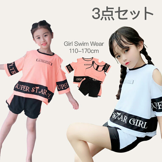 一部即納 水着 キッズ 女の子 セパレート スイムウェア ラッシュガード 半袖 パンツ スイムスーツ ビーチウェア 水泳 スクール水着 キッズ ジュニア 練習着 swimsuit-010