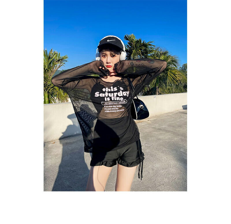 水着 レディース ビスチェビキニ フリルショーツ 長袖シースルーレーストップス 体型カバー水着 3点セット 20代 30代 40代 ママ水着 オトナ swimsuit-006