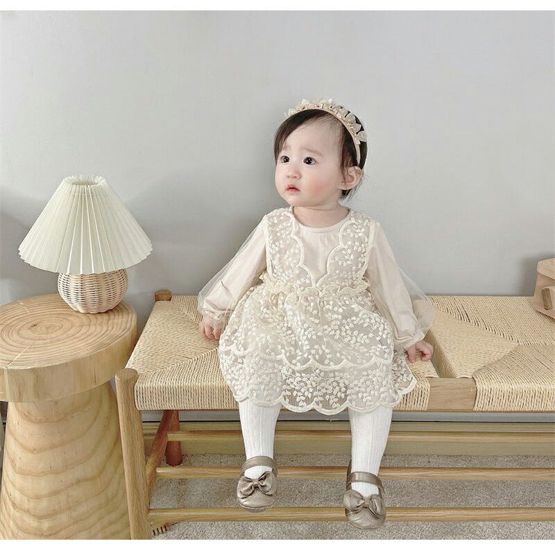 【楽天1位★大好評】ベビードレス 長袖 セレモニードレス 女の子 ワンピース 結婚式 赤ちゃん 子供服 ロンパース レース ベージュ ふわふわ ベビー服 春 秋sgato-001-cp