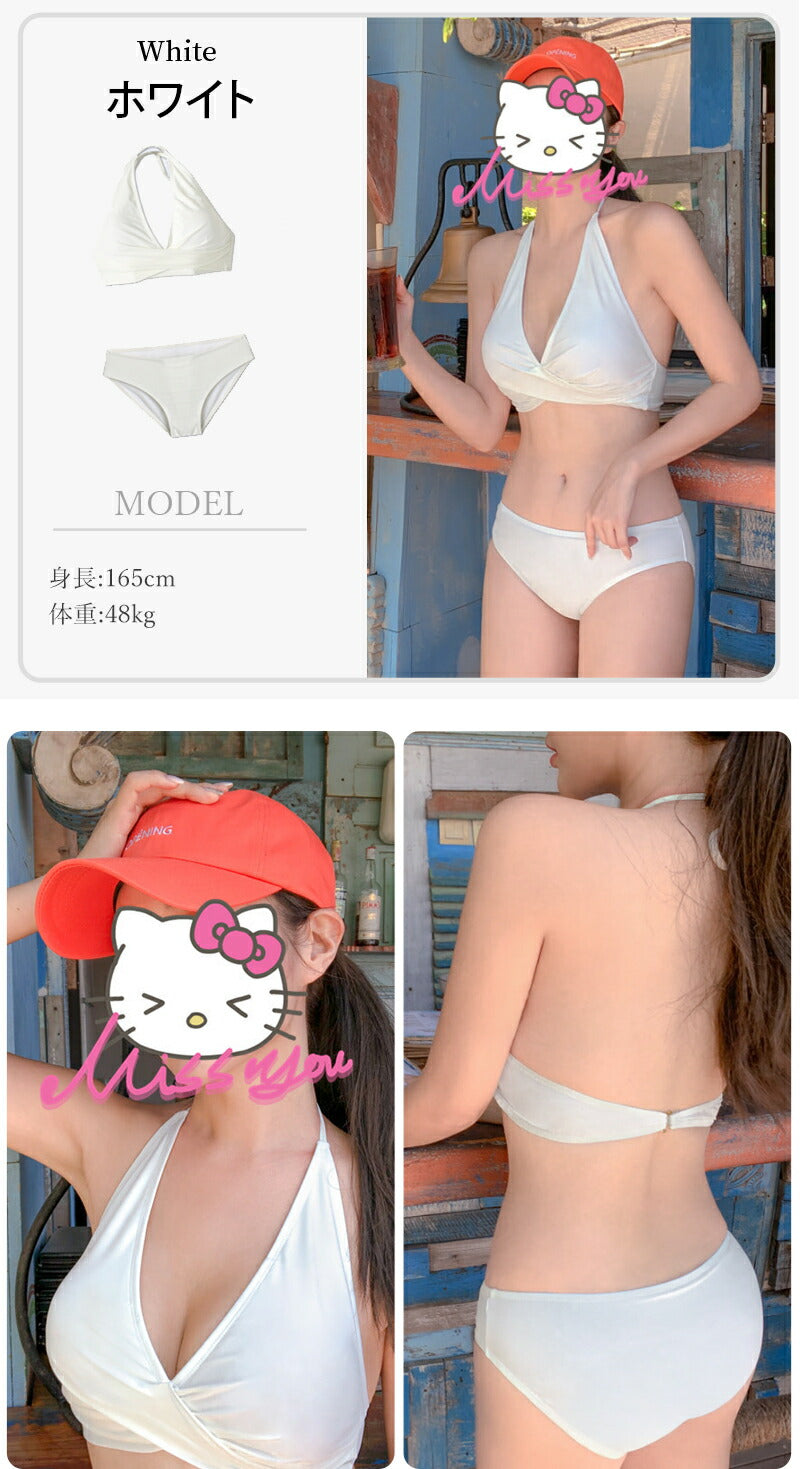 水着 レディース ビキニ シンプル 盛れる セクシー 黒 おしゃれ 中学生 可愛い 高校 短パン 無地 体型カバー 人気 ホルターネック ぽっちゃり 小胸 カバ swimsuit-027