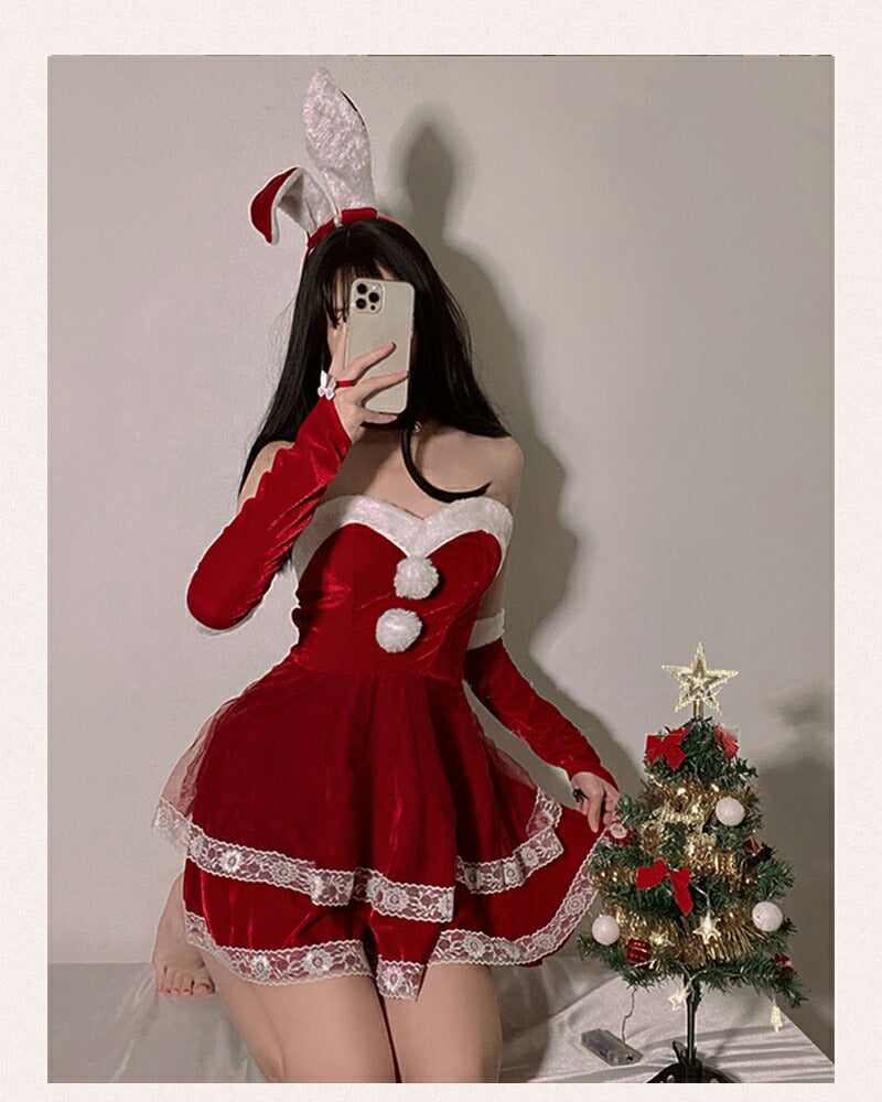 サンタ コスプレ セクシー 兎耳 うさぎ ウサギ 4点セット バニー バニーガール カチューシャ クリスマス コスプレ サンタコス 大人 コスチューム レディーsanta-003