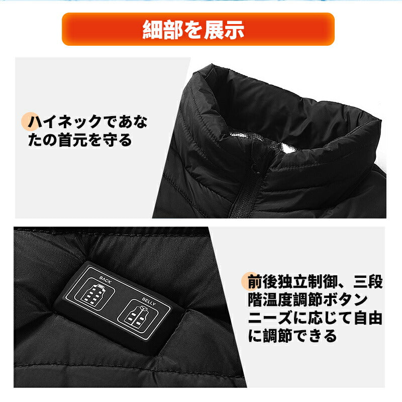 電熱ベスト  防寒着 速暖 日本製ヒーター 中綿 USB給電 洗える 三段階調温 軽量 冷え性 メンズ レーディス バッテリー付き 25000mAh 15エリア besuto-09pawa1