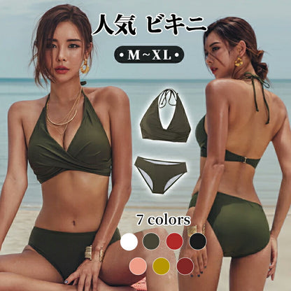 水着 レディース ビキニ シンプル 盛れる セクシー 黒 おしゃれ 中学生 可愛い 高校 短パン 無地 体型カバー 人気 ホルターネック ぽっちゃり 小胸 カバ swimsuit-027