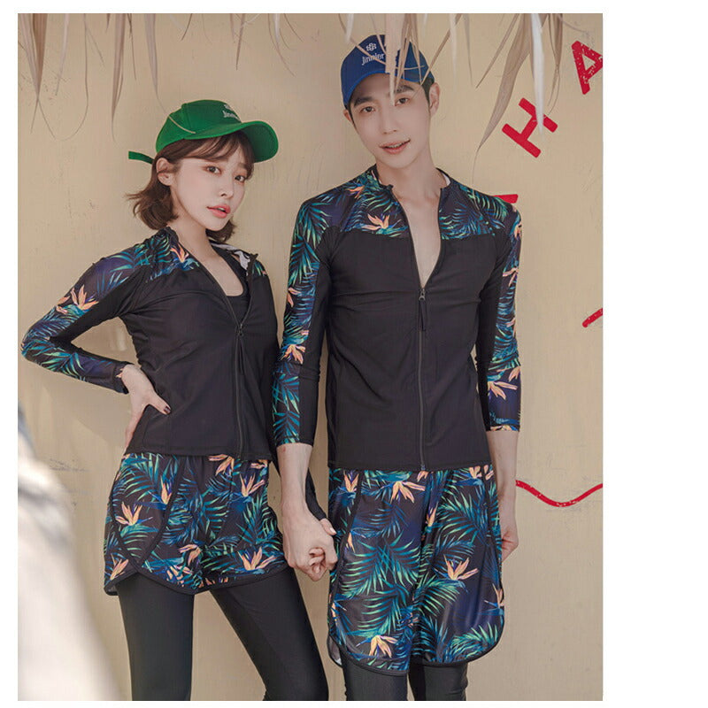 ペアルック メンズ トランクス 水着 レディース カップルお揃い ビーチ水着/S/M/L ビーチパンツ ラッシュガード付き ブラック トレーニング フィットネス swimsuit-053