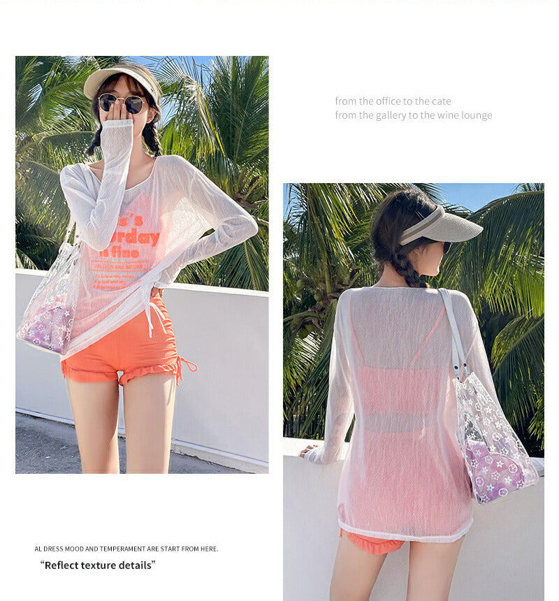 水着 レディース ビスチェビキニ フリルショーツ 長袖シースルーレーストップス 体型カバー水着 3点セット 20代 30代 40代 ママ水着 オトナ swimsuit-006