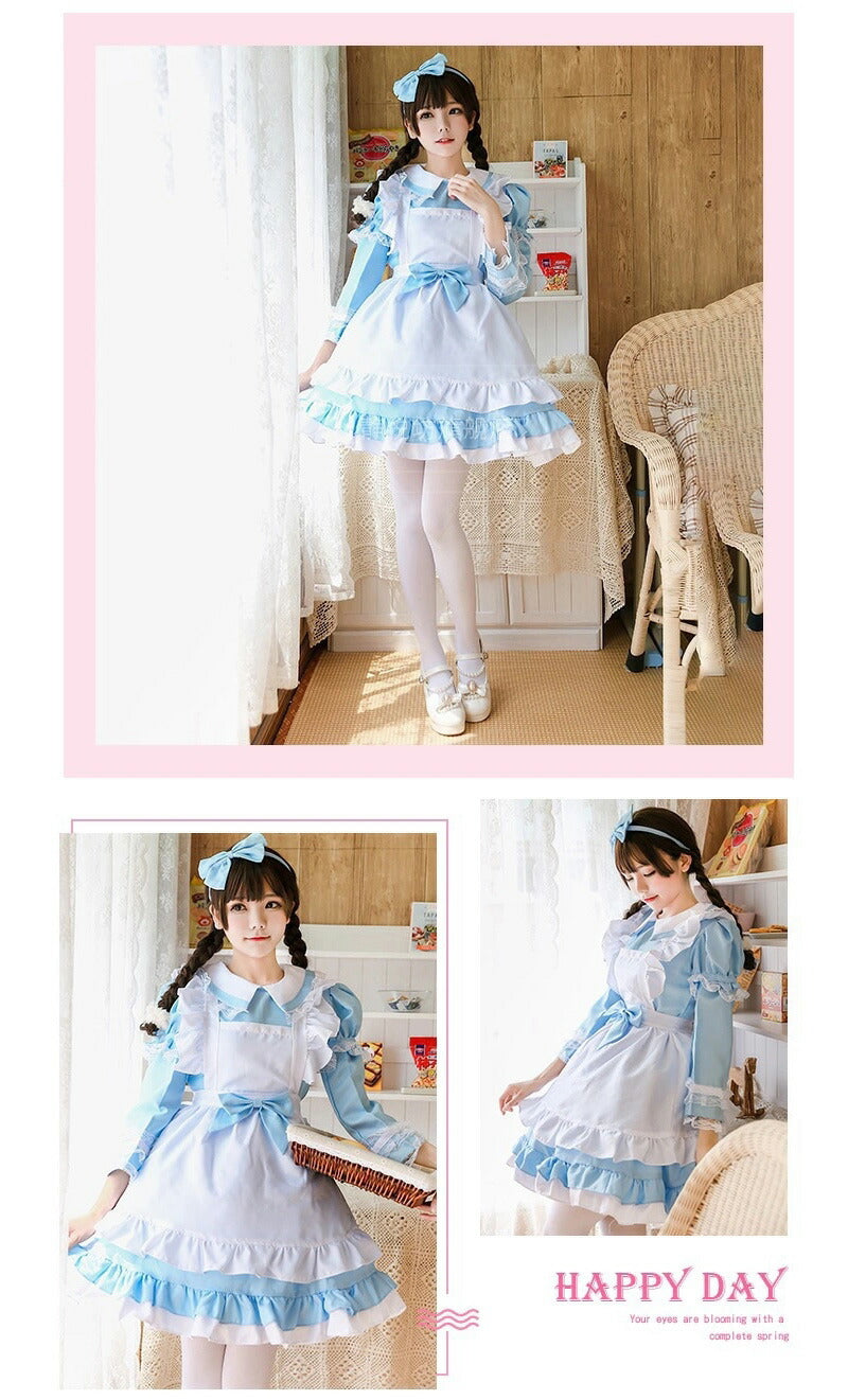 メイド服 コスプレ長袖 可愛い フリル セクシー ハロウィン ロリータ 大人 レディース エプロン カチューシャ スカート ワンピース ピンク 文化祭 リボン  maid-003