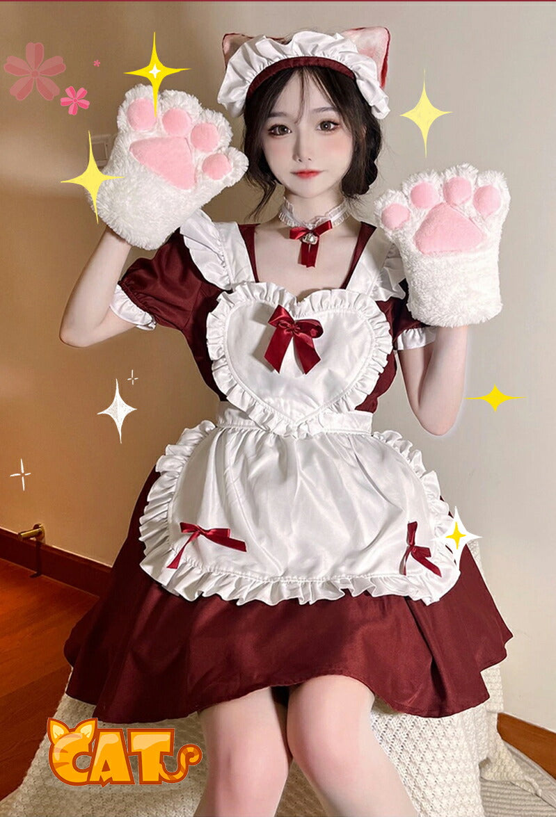 メイド服 コスプレ フリル ネコ耳 かわいい セクシー ゆめかわ 大人 レディース バレンタイン エプロン カチューシャ 半袖 スカート ワンピース 赤 ブラッ maid-002