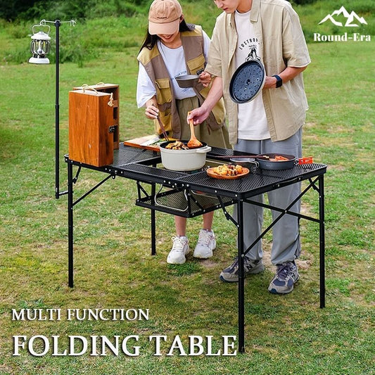 アウトドア テーブル バーベキュー用 多機能 耐荷重30kg 収納袋付き 三つ折り メッシュテーブル 軽量 折りたたみテーブル アルミ レジャーテーブル 折り畳 copysku-155