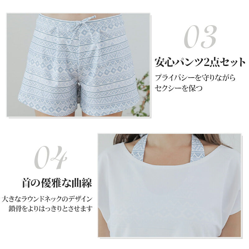 水着 レディース 体型カバー セパレート 大きいサイズ 半袖 タンキニ ４点セット ママ水着 30代 40代 50代 60代 オトナ女子 大人 女子 セット かswimsuit-025