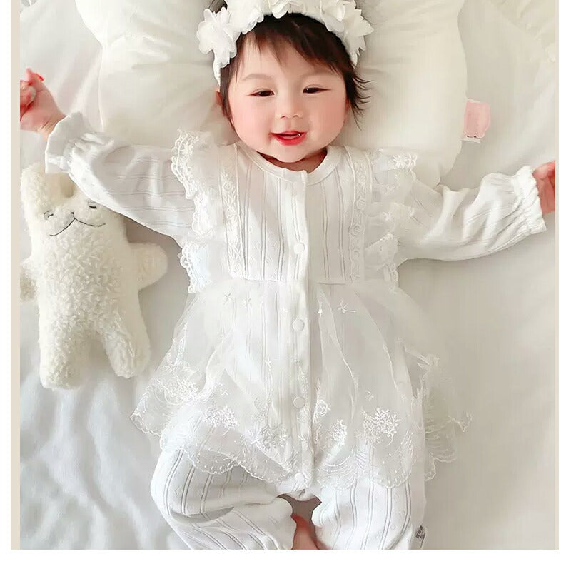 ベビー服 ヘアバンド付き フォーマル 女の子 プリンセス カバーオール ロンパース かわいい レース 赤ちゃん ロンパース 長袖 新生児 セレモニードレス 女のfuku-007