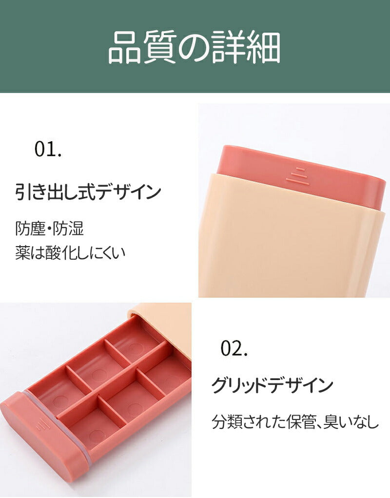 ピルケース 薬ケース くすり入れ　携帯 可愛い おしゃれ ポータブルピルケース 薬箱 錠剤入れ 医薬品 収納ケース 仕切り お薬ポーチ カプセル シンプル ポケ storage-box-0001