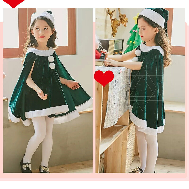 仮装 サンタコス 子供  サンタ服 クリスマス コスチューム 女の子 ポンチョ 2点セット ジュニア キッズ  マント 子供服 帽子 キッズ服 演出服 サンタコ sscopy