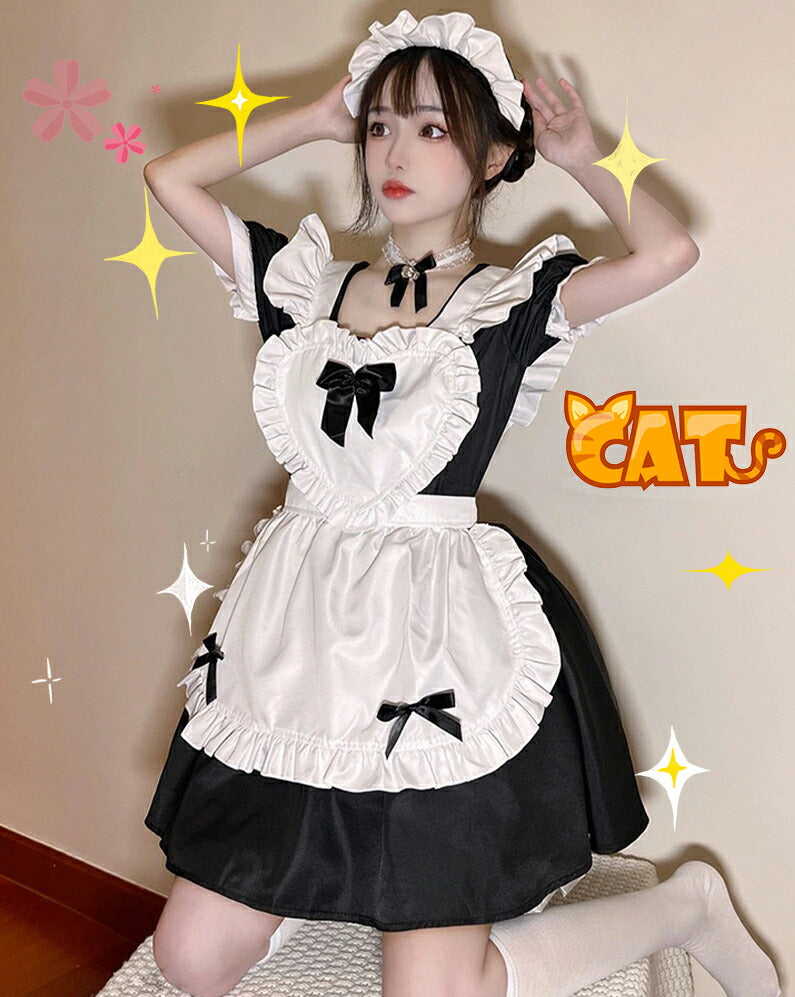 メイド服 コスプレ フリル ネコ耳 かわいい セクシー ゆめかわ 大人 レディース バレンタイン エプロン カチューシャ 半袖 スカート ワンピース 赤 ブラッ maid-002