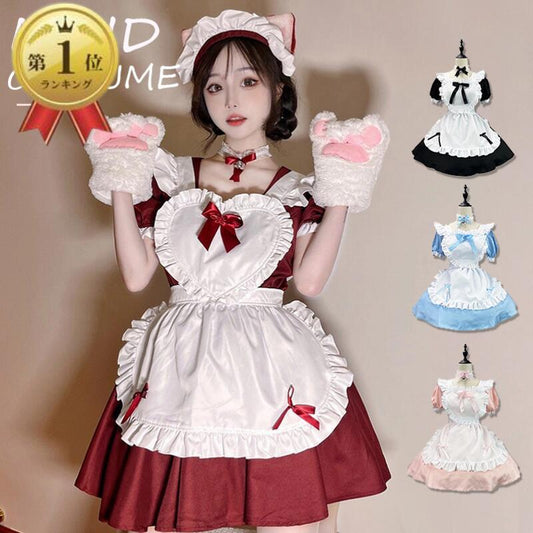 一部即納 メイド服 コスプレ 猫 ネコ耳  かわいい フリル セクシー 赤 ブラック ゆめかわ 大人 レディース バレンタイン エプロン カチューシャ 半袖 ス maid-002