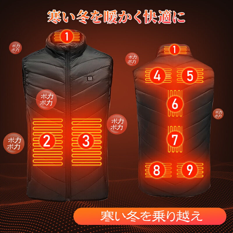 【進化版】電熱ベスト ヒートジャケット 加熱服 3段温度調整 防寒対策 屋外作業 秋冬用 9箇所発熱 バッテリー給電 ヒーター9枚内蔵 男女兼用 メンズ レディbesuto-001