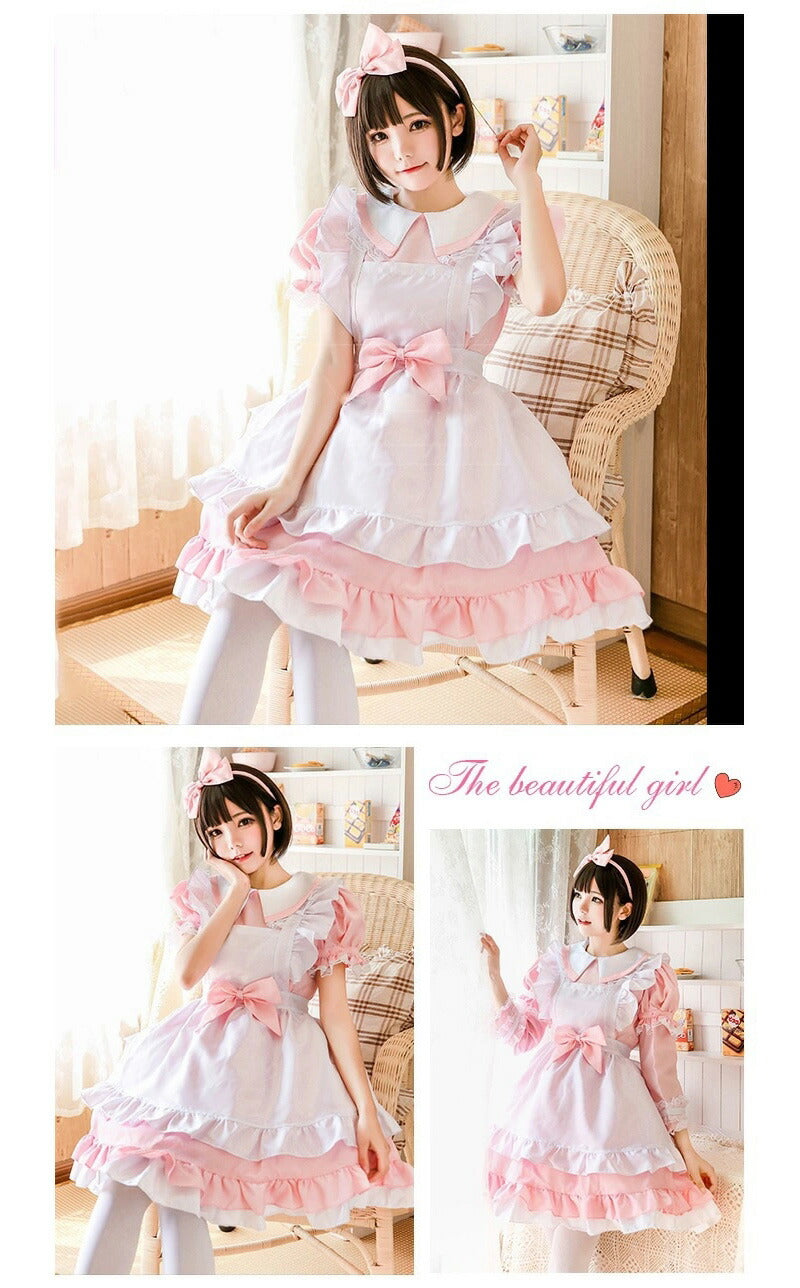 メイド服 コスプレ長袖 可愛い フリル セクシー ハロウィン ロリータ 大人 レディース エプロン カチューシャ スカート ワンピース ピンク 文化祭 リボン  maid-003