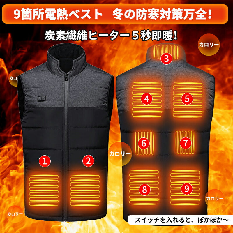 電熱ベスト  速暖 日本製ヒーター 防寒着 中綿 USB給電 洗える 三段階調温 軽量 冷え性 メンズ レーディス 20000mAh バッテリー付き 電熱ウェア besuto-15pawa