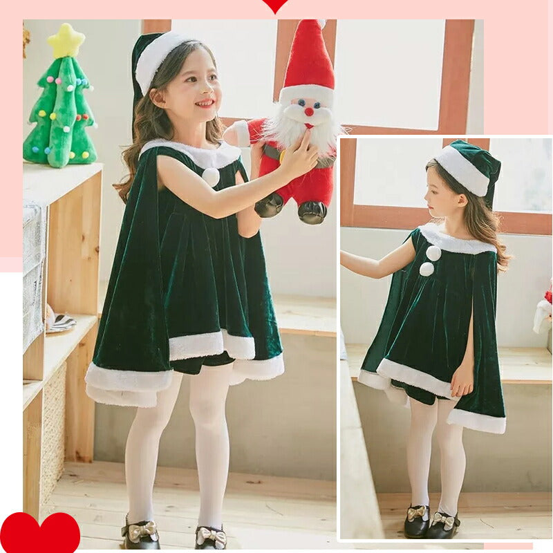 仮装 サンタコス 子供  サンタ服 クリスマス コスチューム 女の子 ポンチョ 2点セット ジュニア キッズ  マント 子供服 帽子 キッズ服 演出服 サンタコ sscopy