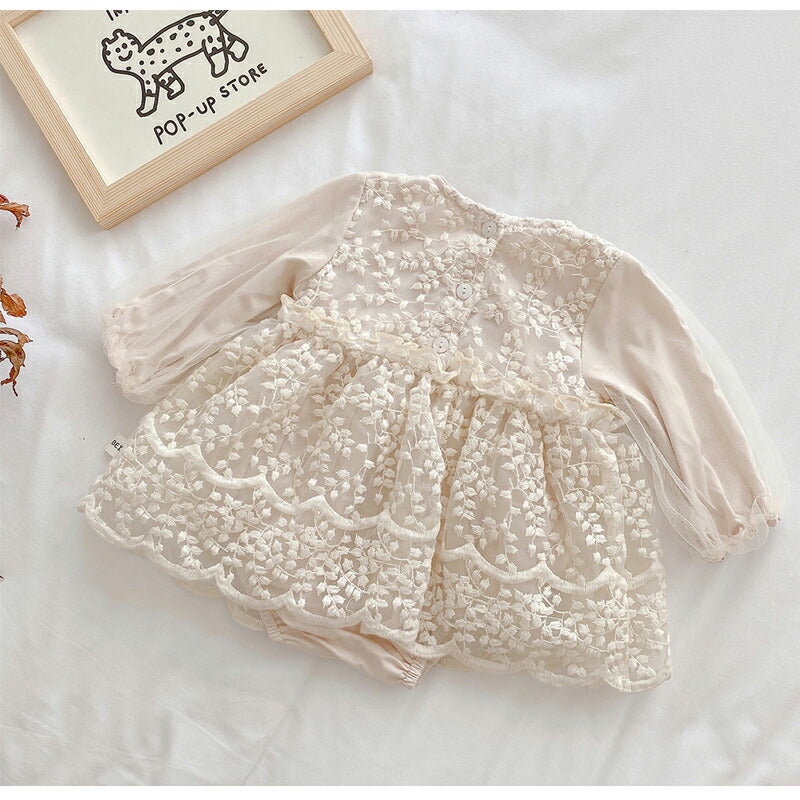 【★大好評】ベビードレス 長袖 セレモニードレス 女の子 ワンピース 結婚式 赤ちゃん 子供服 ロンパース レース ベージュ ふわふわ ベビー服 春 秋 sgato-001-cp