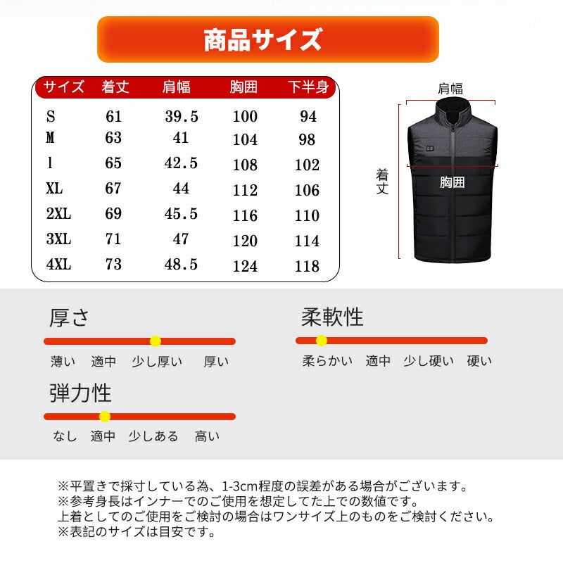 【送料無料~】電熱ベスト  防寒着 速暖 日本製ヒーター 2カラー 中綿 USB給電 洗える 三段階調温 軽量 冷え性 メンズ レーディス PSE認証済 9エリ besuto-15