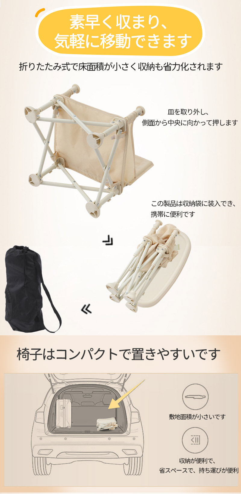 ベビーチェア テーブルチェア キッズチェア 子供 赤ちゃん お食事椅子 折り畳み携帯式 軽量 幼児用 滑り止め 丈夫 安全ベルト 離乳食 屋内 屋外 収納袋付きbabychair-003