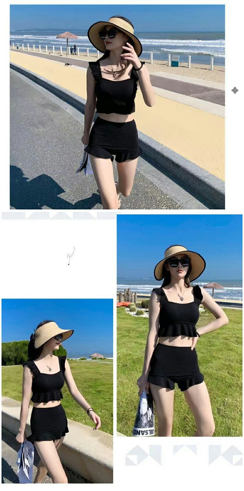 【一部即納】水着 レディース 可愛い 体型カバー ビスチェ ハイウエスト フリル セパレート タンキニ 水着 韓国 露出控えめ パッド一体型 ビキニ ショートパswimsuit-062