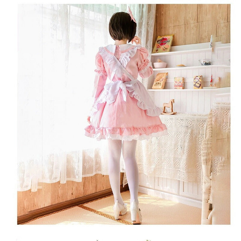 メイド服 コスプレ長袖 可愛い フリル セクシー ハロウィン ロリータ 大人 レディース エプロン カチューシャ スカート ワンピース ピンク 文化祭 リボン  maid-003