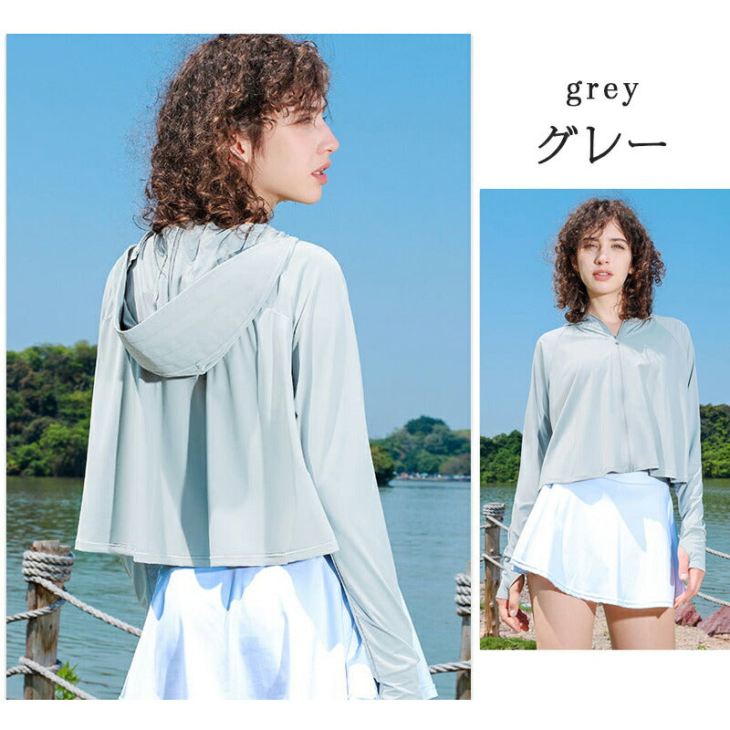 UPF50+ uv パーカー 指穴 uvカット 接触冷感 ひんやり UV ジップアップパーカー サマーカーディガン レディース メンズ 日焼け止め 冷房対策 紫 copysku-54