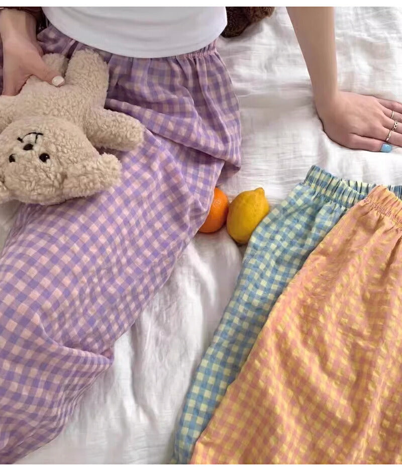 ギンガムチェック ルームウェア レディース 部屋着 パジャマ ショートパンツ ゆったり リラックス 可愛い 春 夏 秋 薄手 綿 ボトムス 寝巻き ポケット ウ pajama-001