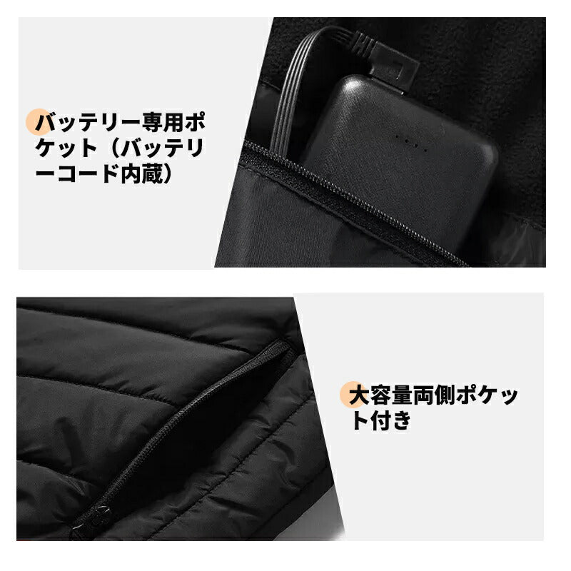 電熱ベスト  防寒着 速暖 日本製ヒーター 中綿 USB給電 洗える 三段階調温 軽量 冷え性 メンズ レーディス 20000mAh バッテリー付き 15エリア besuto-09pawa