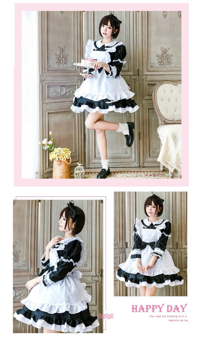 メイド服 コスプレ長袖 可愛い フリル セクシー ハロウィン ロリータ 大人 レディース エプロン カチューシャ スカート ワンピース ピンク 文化祭 リボン  maid-003