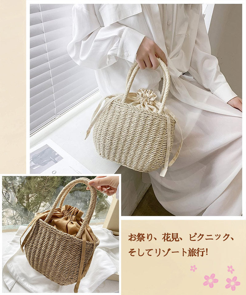 かごバッグ レディース カゴバックハンドバッグ かご編みバッグ ハンドバッグ 可愛い お花見 手提げ ペーパーストローバッグ 巾着付き バスケット型 ナチュラルstb-001