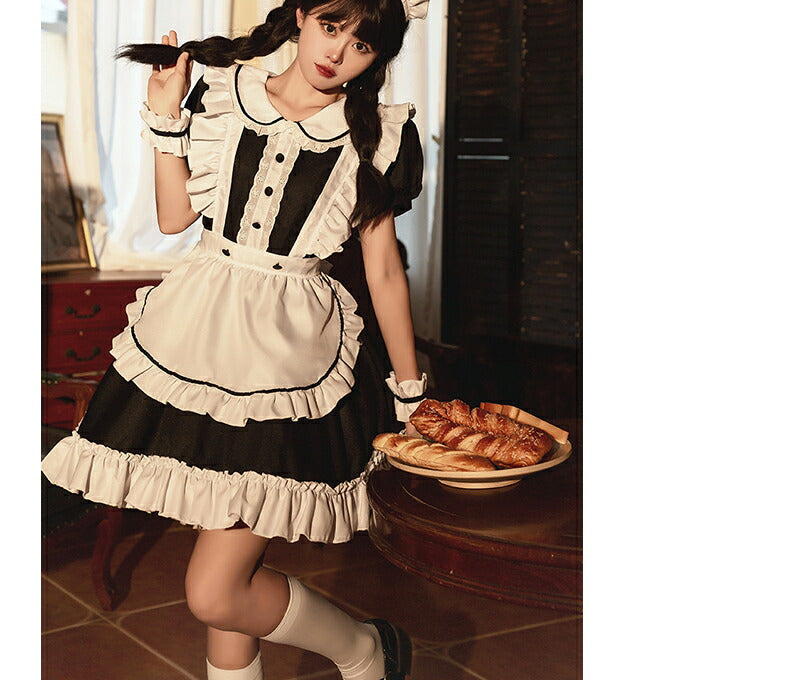 【一部即納】メイド服 6点セット コスプレ 可愛い 女の子 レディース メンズ 半袖 ロリータ ワンピース 黒 ピンク ハロウィン 大きいサイズ 定番 S-2Xitem-007