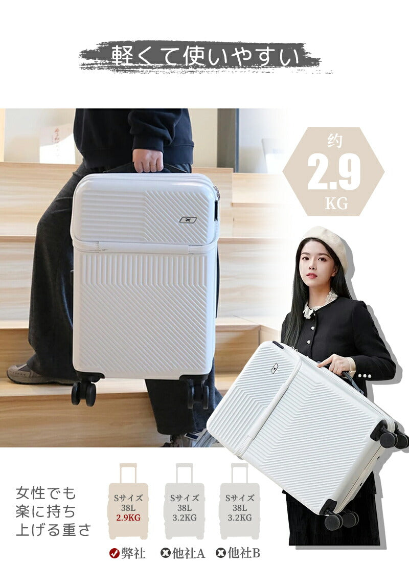 スーツケース フロントオープン 機内持ち込み Sサイズ ファスナータイプ USBポート付き キャリーケース 軽量 トップオープン 前開き キャリーバッグ ビジネ item-009