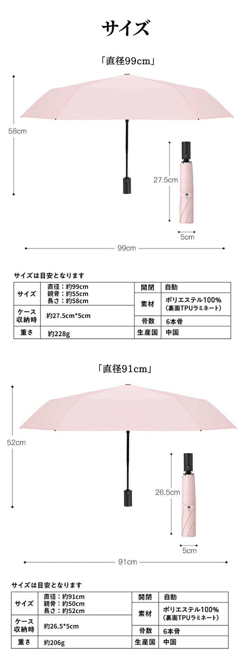 【逆戻り防止機能付】 日傘 完全遮光 自動開閉 折りたたみ わずか206g UPF50+ 直径91/99cm 軽量 遮光率100% 晴雨兼用 6本骨 UVカットkasa-3013