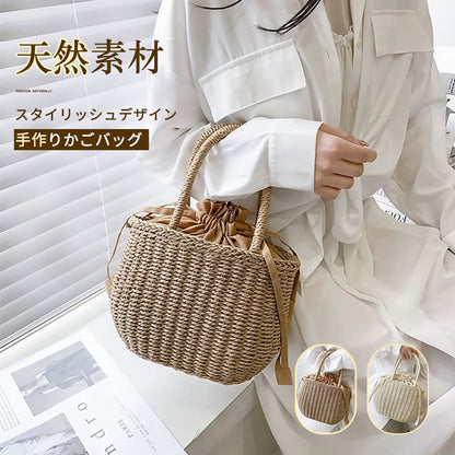 かごバッグ レディース カゴバックハンドバッグ かご編みバッグ ハンドバッグ 可愛い お花見 手提げ ペーパーストローバッグ 巾着付き バスケット型 ナチュラルstb-001