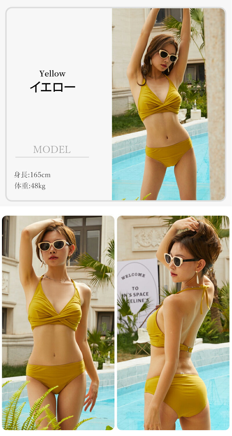 水着 レディース ビキニ シンプル 盛れる セクシー 黒 おしゃれ 中学生 可愛い 高校 短パン 無地 体型カバー 人気 ホルターネック ぽっちゃり 小胸 カバ swimsuit-027