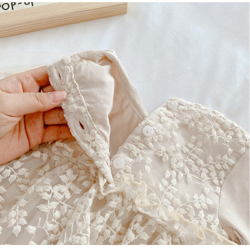 【★大好評】ベビードレス 長袖 セレモニードレス 女の子 ワンピース 結婚式 赤ちゃん 子供服 ロンパース レース ベージュ ふわふわ ベビー服 春 秋 sgato-001-cp