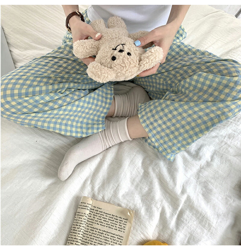 ギンガムチェック ルームウェア レディース 部屋着 パジャマ ショートパンツ ゆったり リラックス 可愛い 春 夏 秋 薄手 綿 ボトムス 寝巻き ポケット ウ pajama-001