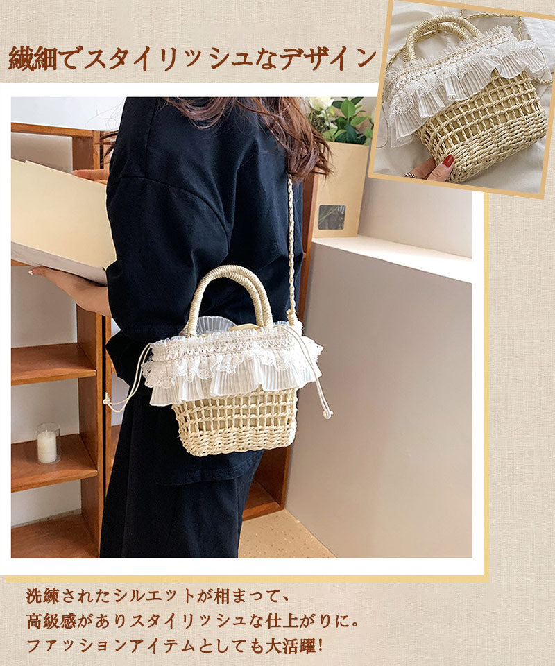 かごバッグ レディース カゴバックハンドバッグ かご編みバッグ ハンドバッグ 可愛い お花見 手提げ ペーパーストローバッグ 巾着付き バスケット型 ナチュラルstb-002