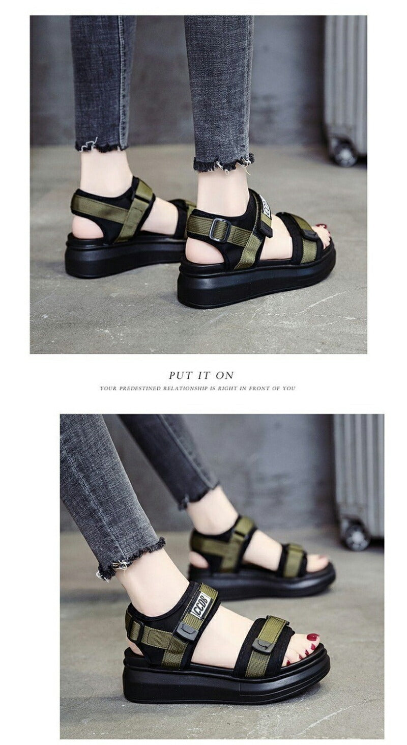 サンダル 厚底サンダル レディース おしゃれ コンフォート スポーツサンダル 6cmヒール 通気 軽量 マジックテープ ウェッジソール 履きやすい 衝撃吸収 歩sandals-004