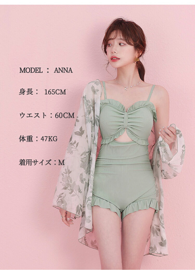 【送料無料】水着 ワンピース レディース 2点セット オールインワン 体型カバー水着 ママ水着 20代 30代 40代 ぽっちゃり オトナ女子 大きいサイズ フwswimsuit-002