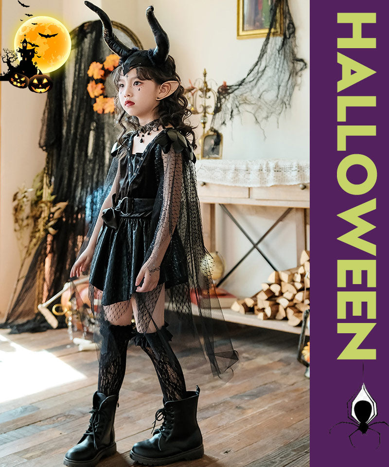 ハロウィン コスプレ 魔女 悪魔　ゴスロリ ハロウィン 仮装 小悪魔 コスチューム キッズ ゾンビ デビル ガール 魔法使い 魔法子ども  ブラック コスプレ衣etwsj0014
