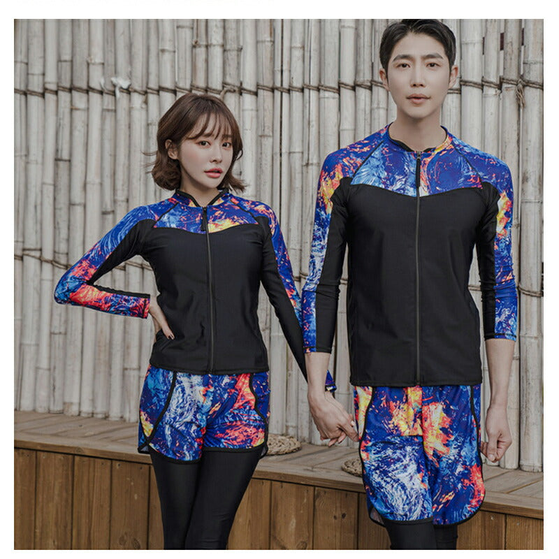 ペアルック メンズ トランクス 水着 レディース カップルお揃い ビーチ水着/S/M/L ビーチパンツ ラッシュガード付き ブラック トレーニング フィットネス swimsuit-053