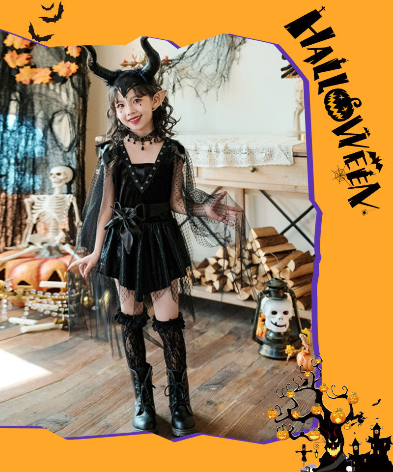 ハロウィン コスプレ 魔女 悪魔　ゴスロリ ハロウィン 仮装 小悪魔 コスチューム キッズ ゾンビ デビル ガール 魔法使い 魔法子ども  ブラック コスプレ衣etwsj0014
