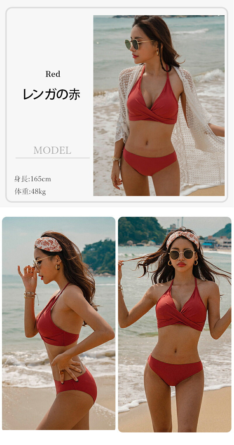 水着 レディース ビキニ シンプル 盛れる セクシー 黒 おしゃれ 中学生 可愛い 高校 短パン 無地 体型カバー 人気 ホルターネック ぽっちゃり 小胸 カバ swimsuit-027