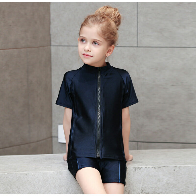 子ども 水着 女児 半袖 前ジッパー セパレート スクール水着 ガールズ 女子 上下別 ハーフパンツ フィットネス 女の子 水着 ジュニア 1 swimsuit-040