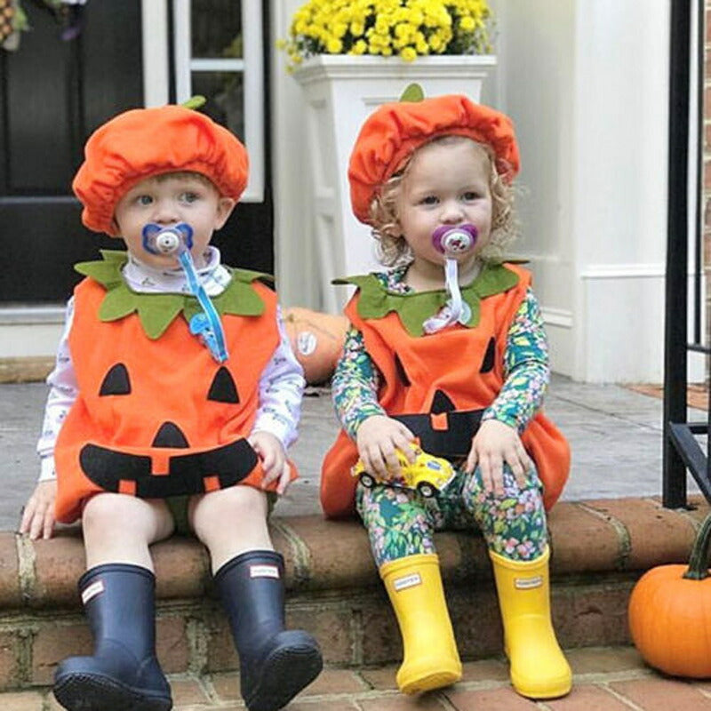 ロンパース ベビー  かぼちゃ カボチャ３点セット 男の子 女の子 ハロウィン  仮装 コスチューム ベビーコスチューム 秋 冬 80 90 100 110 ベngyset-001