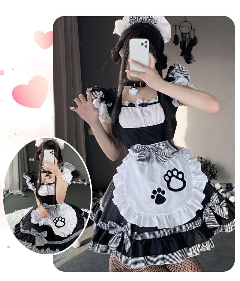 メイド服 ハロウィン コスプレ 長袖 メイド 可愛い 女の子 セクシー カップル ロリータ 定番 衣装 レディース エプロン ドレス アリス風仮装  肉球 リボmaid-009
